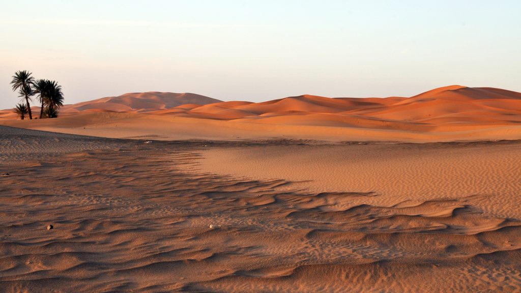 Merzouga sand dunes at sunset in the Sahara desert, Morocco.